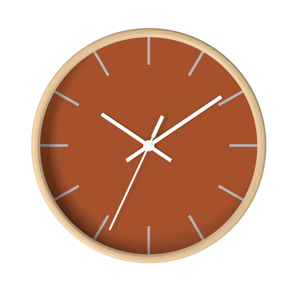 Paarl terracotta silent wall clock, wooden base, white hands, ivory grey markers, 10 inch, front view.