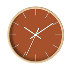 Paarl terracotta silent wall clock, wooden base, white hands, ivory grey markers, 10 inch, front view.