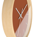Paarl terracotta silent wall clock, wooden base, white hands, ivory grey markers, 10 inch, side view.