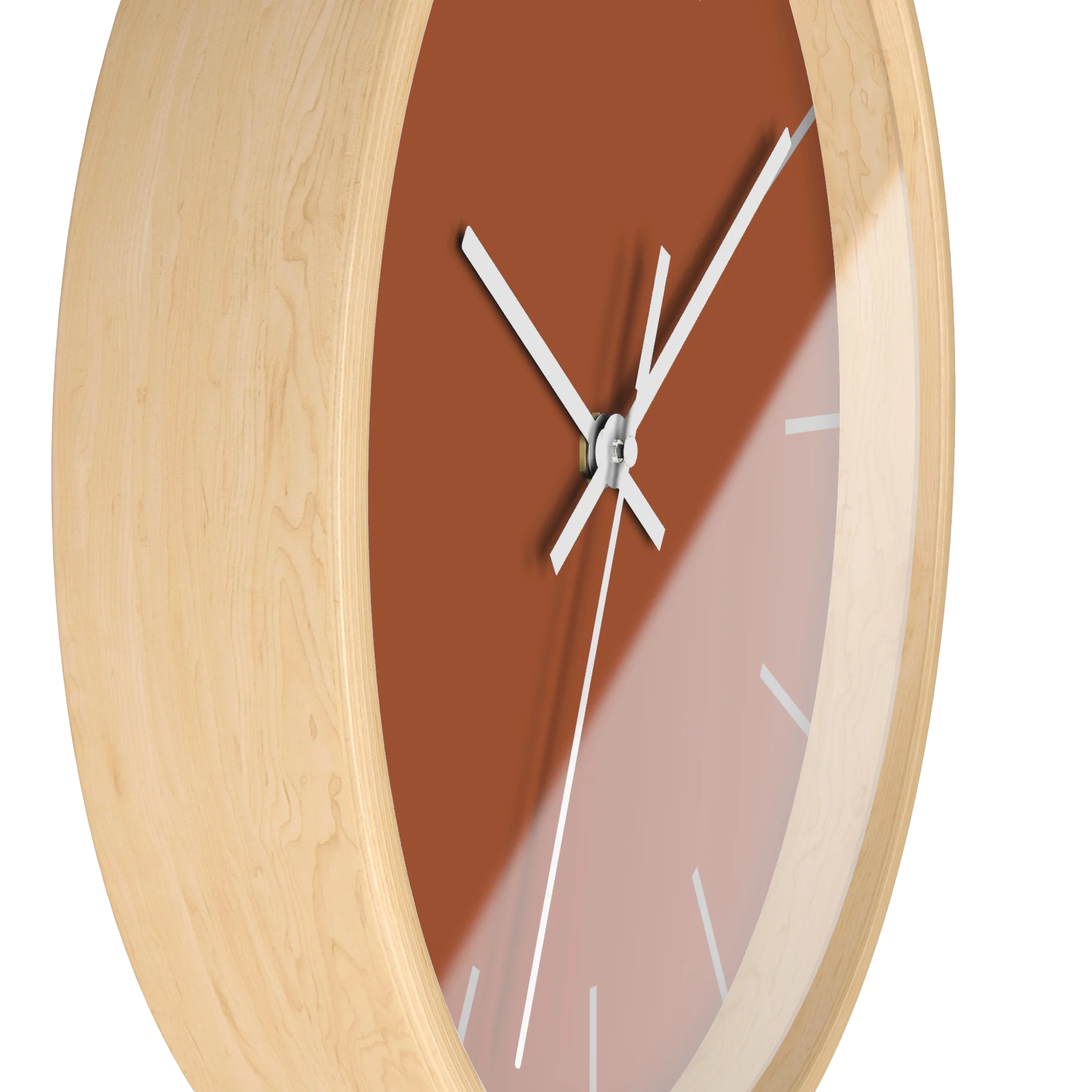 Paarl terracotta silent wall clock, wooden base, white hands, ivory grey markers, 10 inch, side view.