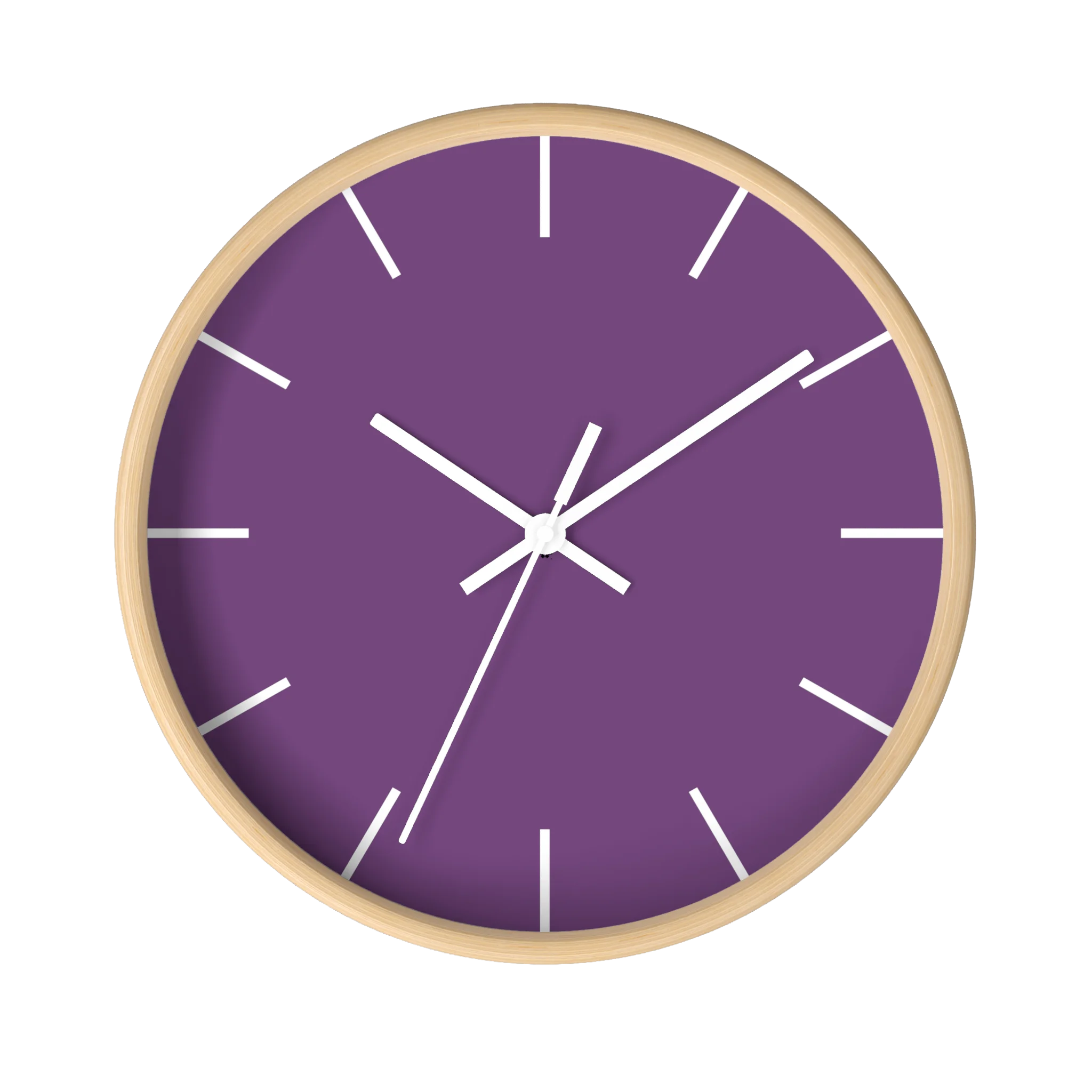 Purple silent wall clock, wooden base, white hands, white markers, 10 inch, front view.
