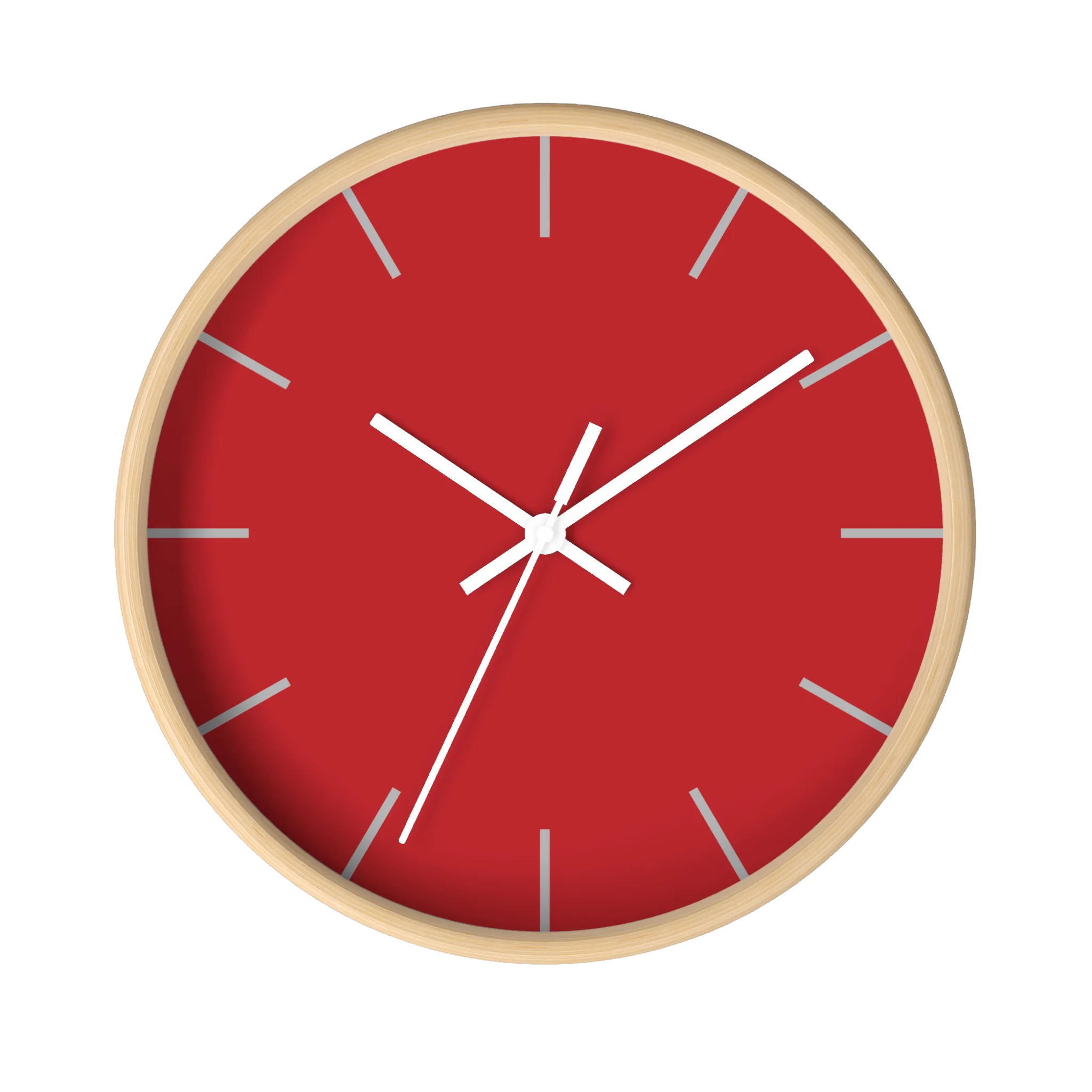 Red silent wall clock, wooden base, white hands, grey markers, 10 inch, front view.