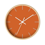Roman earth rust orange silent wall clock, wooden base, white hands, light grey markers, 10 inch, front view.
