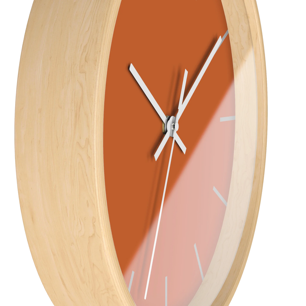 Roman earth rust orange silent wall clock, wooden base, white hands, light grey markers, 10 inch, side view.