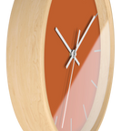 Roman earth rust orange silent wall clock, wooden base, white hands, light grey markers, 10 inch, side view.