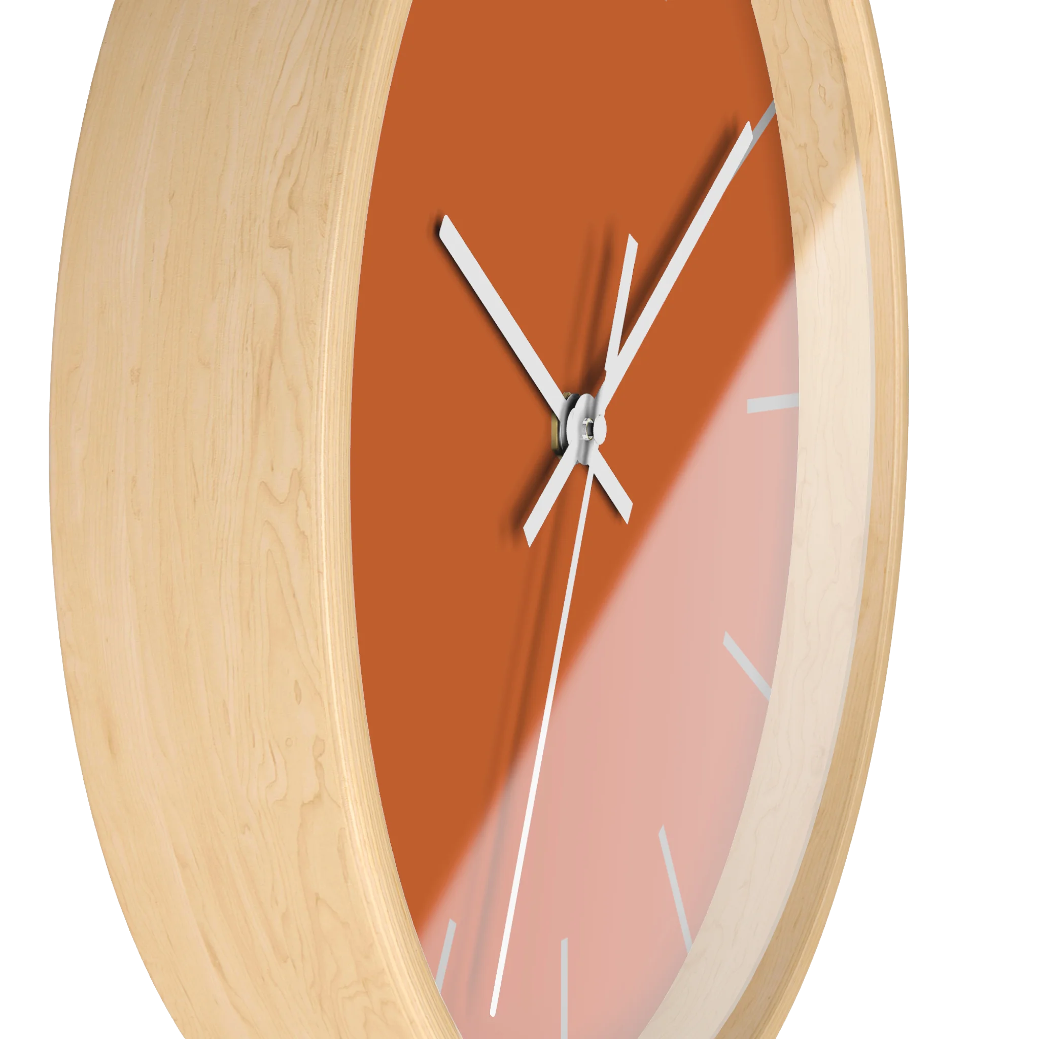 Roman earth rust orange silent wall clock, wooden base, white hands, light grey markers, 10 inch, side view.