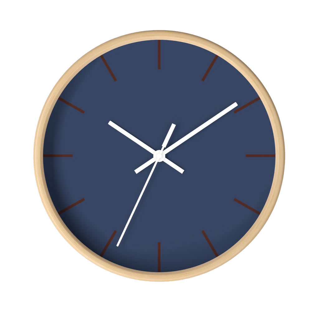 Rugged blue navy silent wall clock, wooden base, white hands, country brown markers, 10 inch, front view.