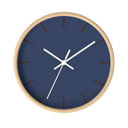 Rugged blue navy silent wall clock, wooden base, white hands, country brown markers, 10 inch, front view.