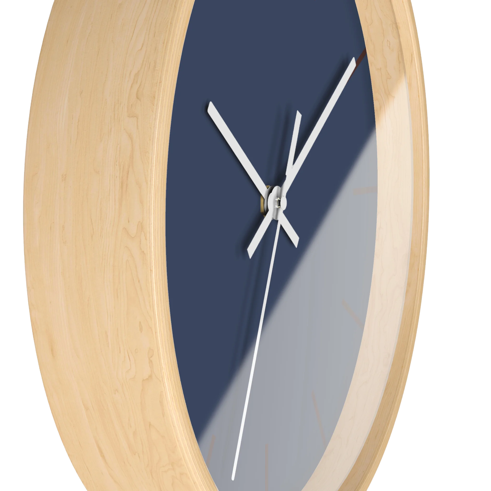 Rugged blue navy silent wall clock, wooden base, white hands, country brown markers, 10 inch, side view.