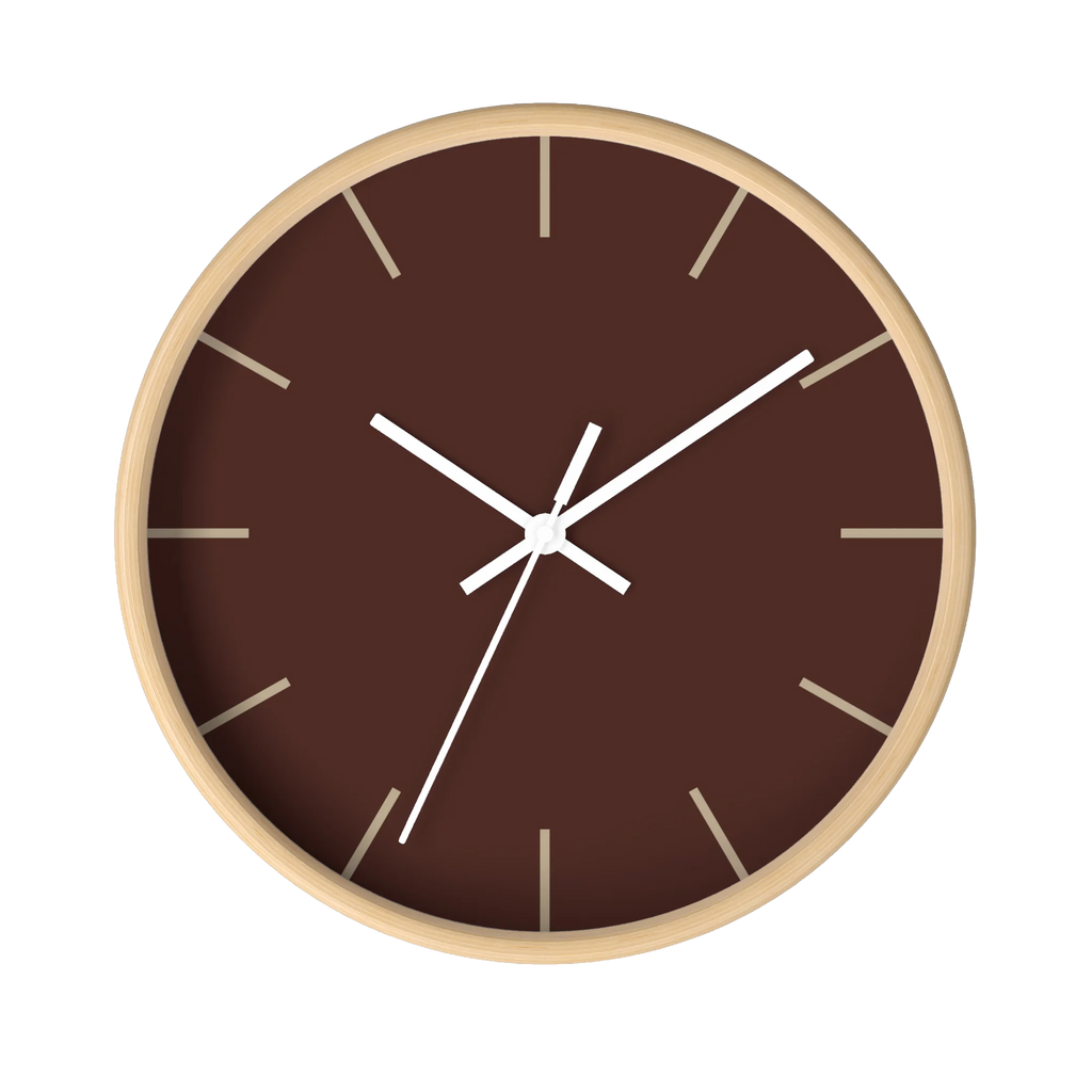 Saddle brown silent wall clock, wooden base, white hands, jute markers, 10 inch, front view.