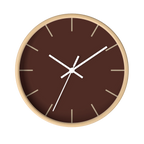 Saddle brown silent wall clock, wooden base, white hands, jute markers, 10 inch, front view.