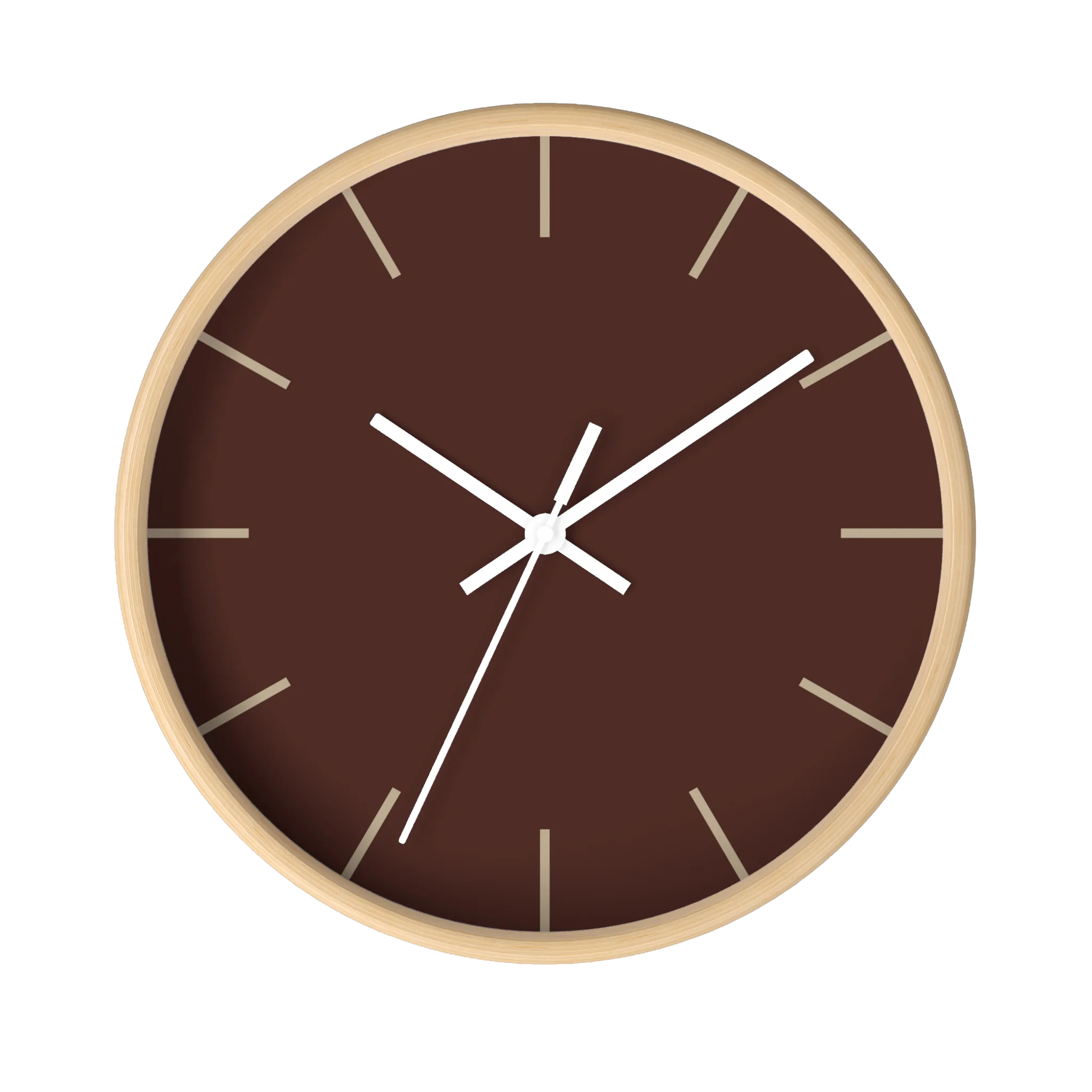 Saddle brown silent wall clock, wooden base, white hands, jute markers, 10 inch, front view.