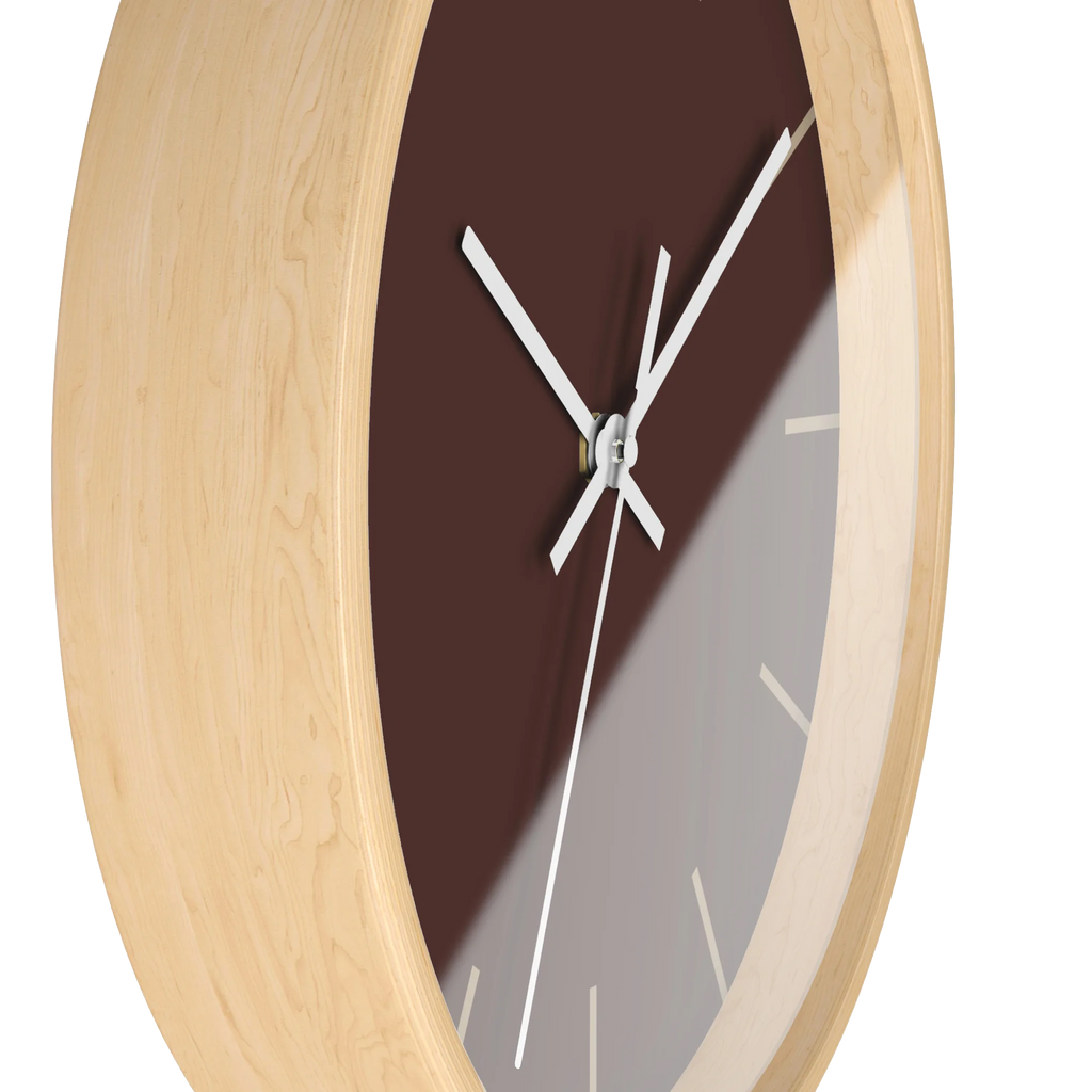 Saddle brown silent wall clock, wooden base, white hands, jute markers, 10 inch, side view.