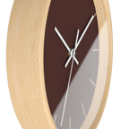 Saddle brown silent wall clock, wooden base, white hands, jute markers, 10 inch, side view.