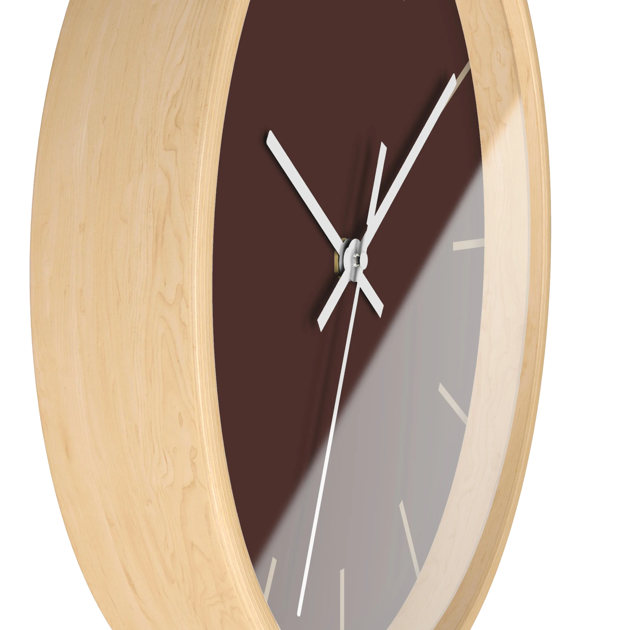 Saddle brown silent wall clock, wooden base, white hands, jute markers, 10 inch, side view.
