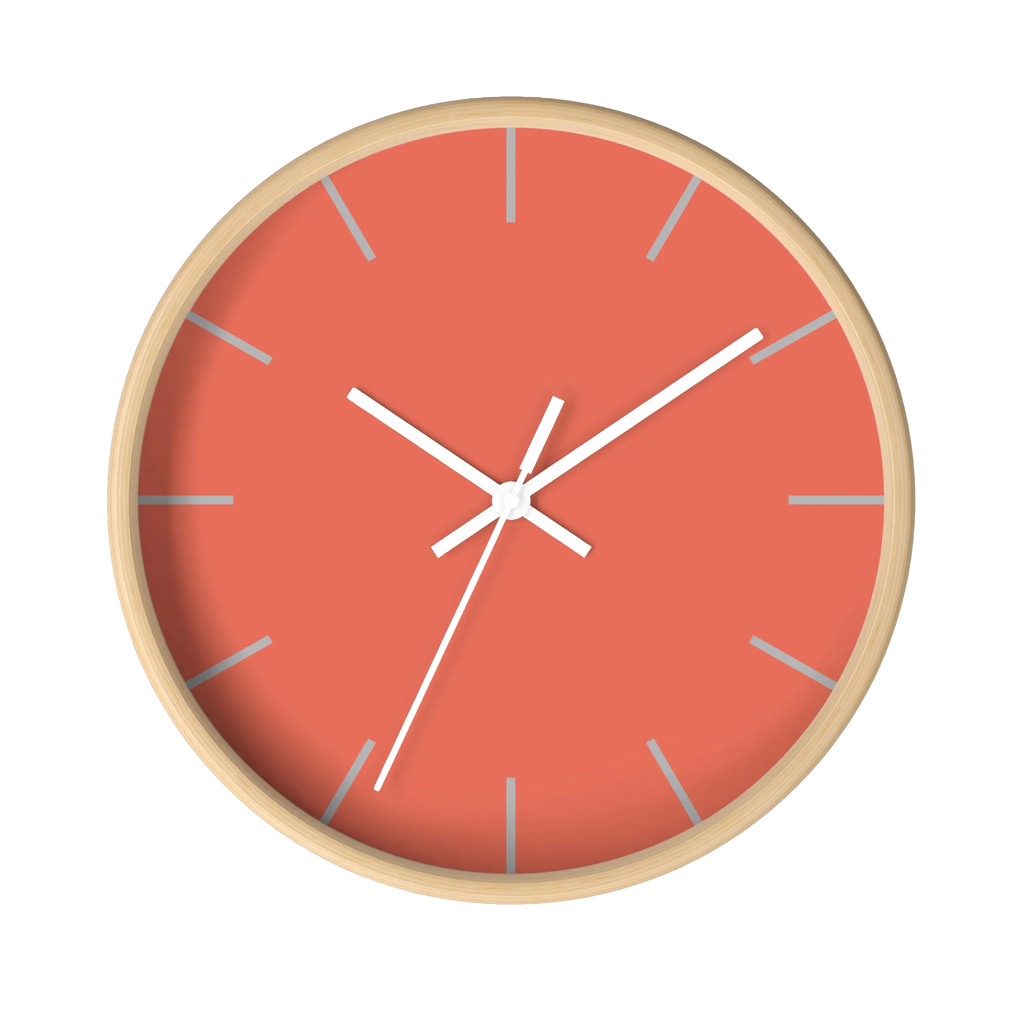 Salmon red coral silent wall clock, wooden base, white hands, light grey markers, 10 inch, front view.