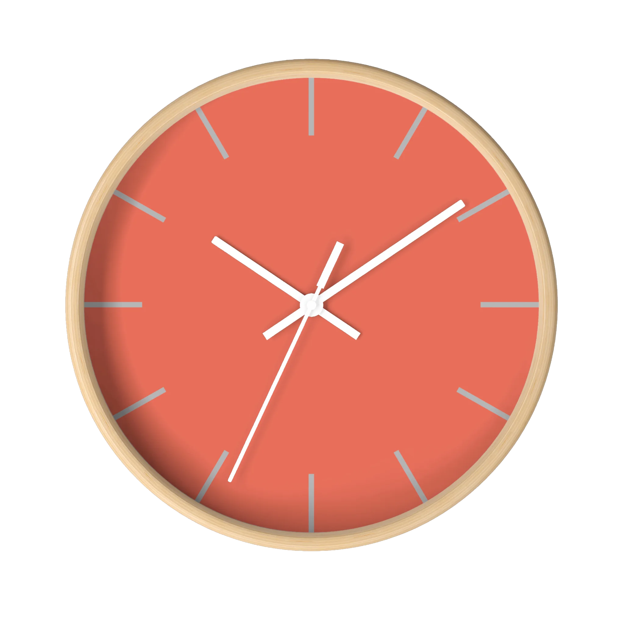 Salmon red coral silent wall clock, wooden base, white hands, light grey markers, 10 inch, front view.