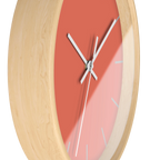 Salmon red coral silent wall clock, wooden base, white hands, light grey markers, 10 inch, side view.