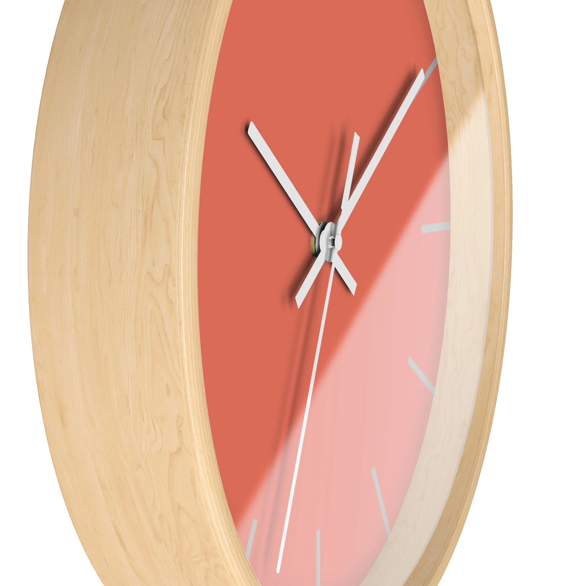 Salmon red coral silent wall clock, wooden base, white hands, light grey markers, 10 inch, side view.