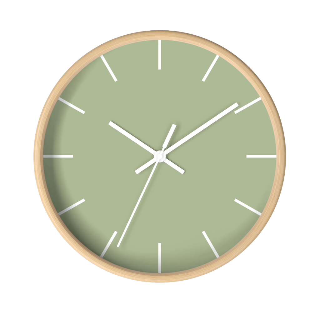 Schist green silent wall clock, wooden base, white hands, white markers, 10 inch, front view.