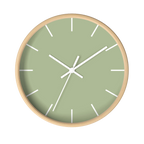 Schist green silent wall clock, wooden base, white hands, white markers, 10 inch, front view.
