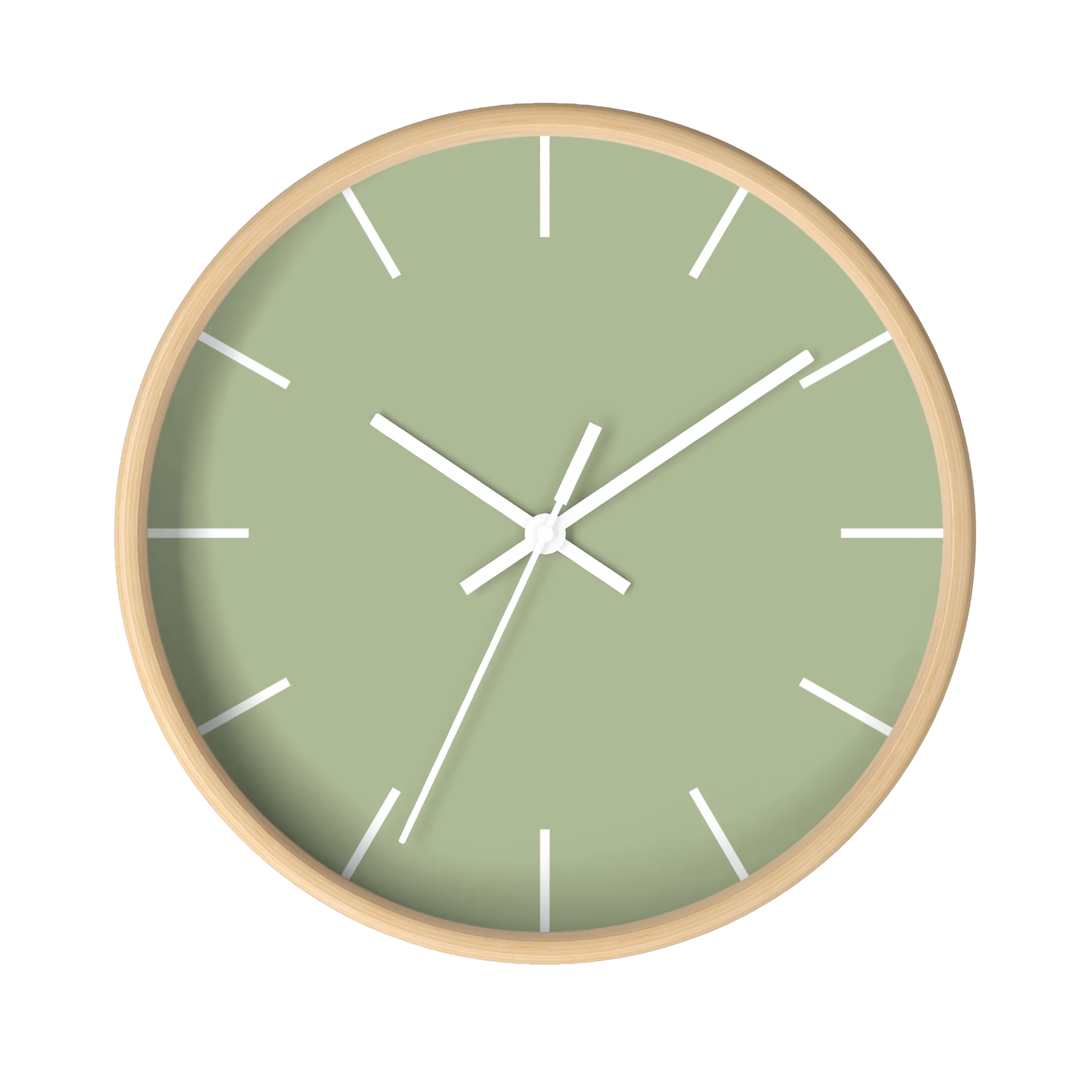 Schist green silent wall clock, wooden base, white hands, white markers, 10 inch, front view.