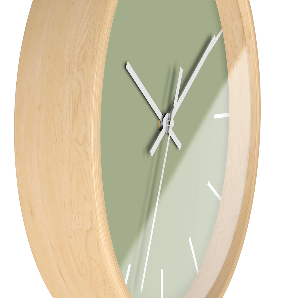 Schist green silent wall clock, wooden base, white hands, white markers, 10 inch, side view.