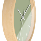 Schist green silent wall clock, wooden base, white hands, white markers, 10 inch, side view.