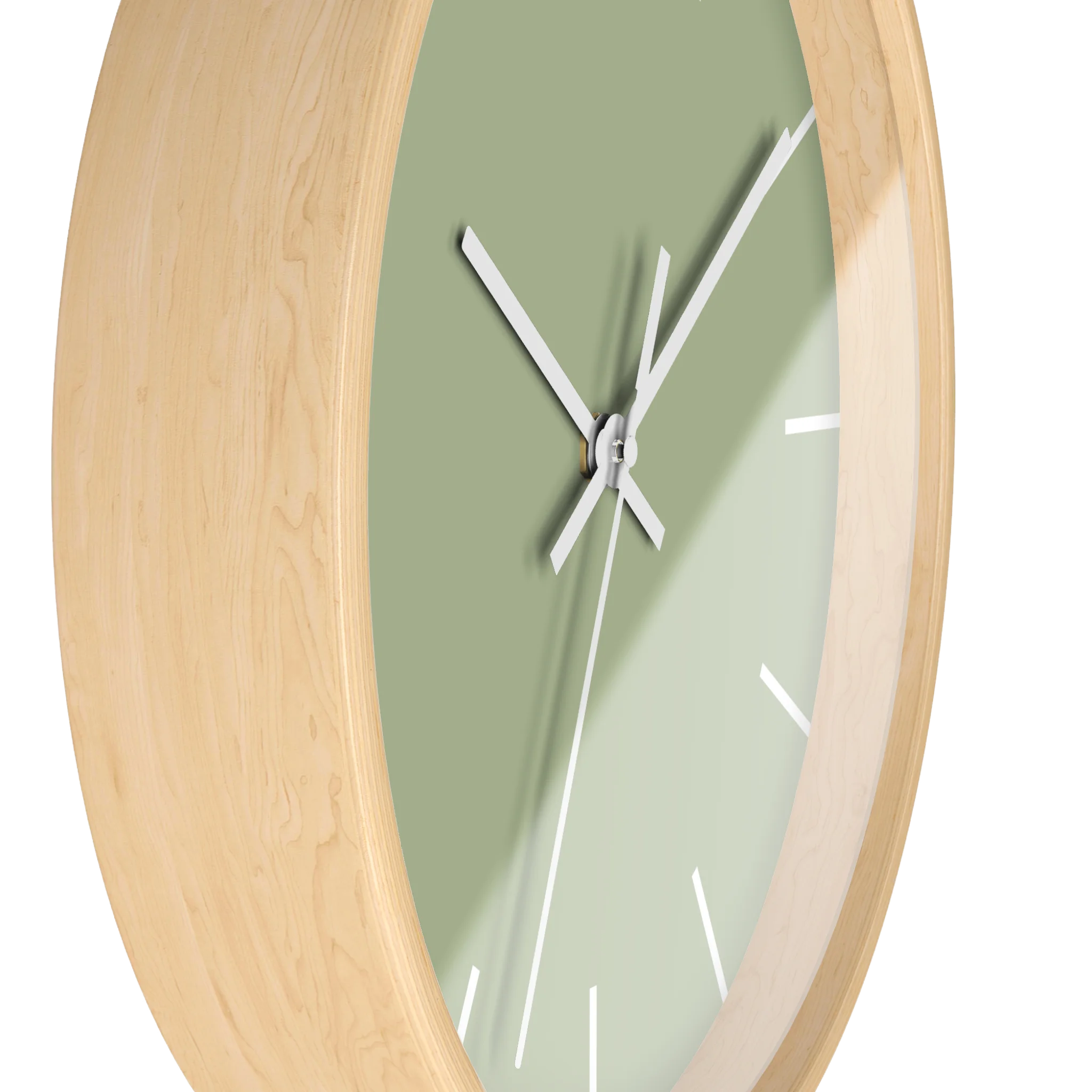 Schist green silent wall clock, wooden base, white hands, white markers, 10 inch, side view.
