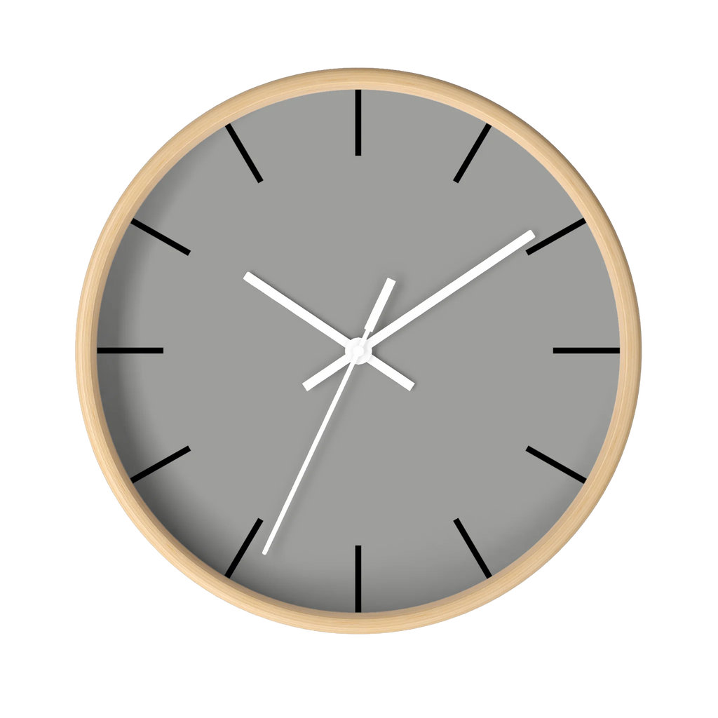 Stardust grey silent wall clock, wooden base, white hands, black markers, 10 inch, front view.