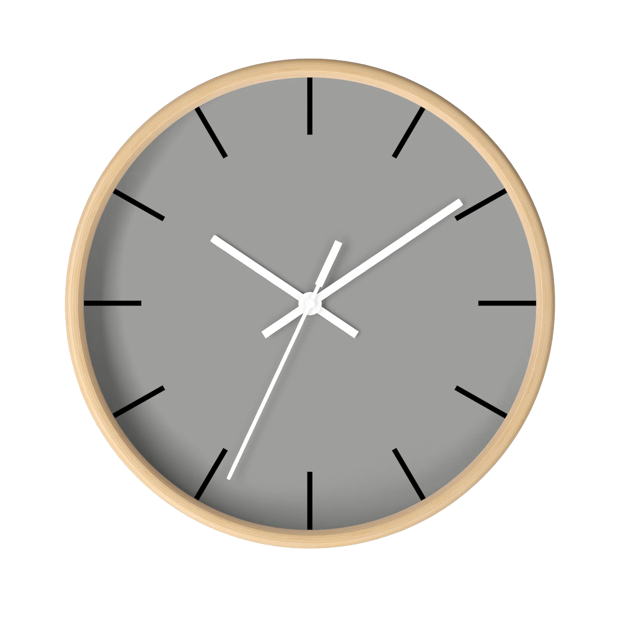Stardust grey silent wall clock, wooden base, white hands, black markers, 10 inch, front view.