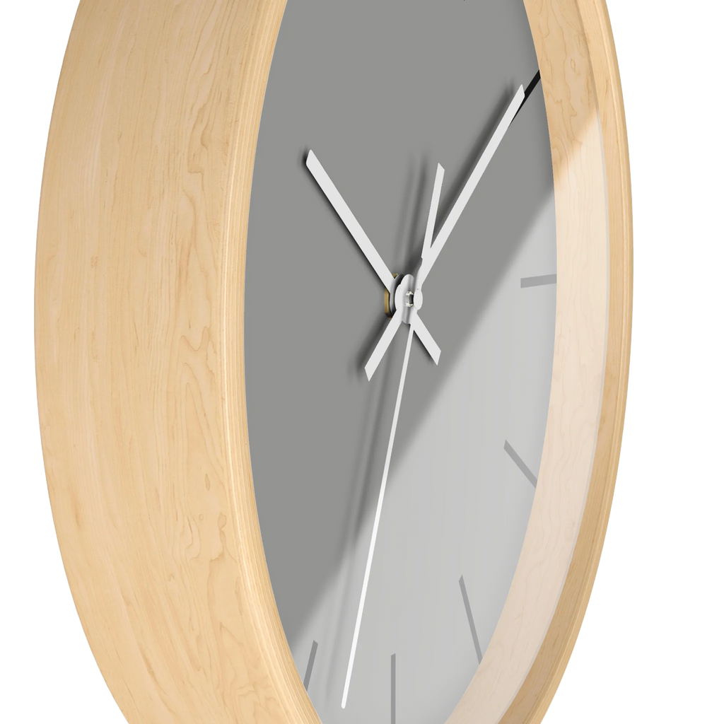 Stardust grey silent wall clock, wooden base, white hands, black markers, 10 inch, side view.