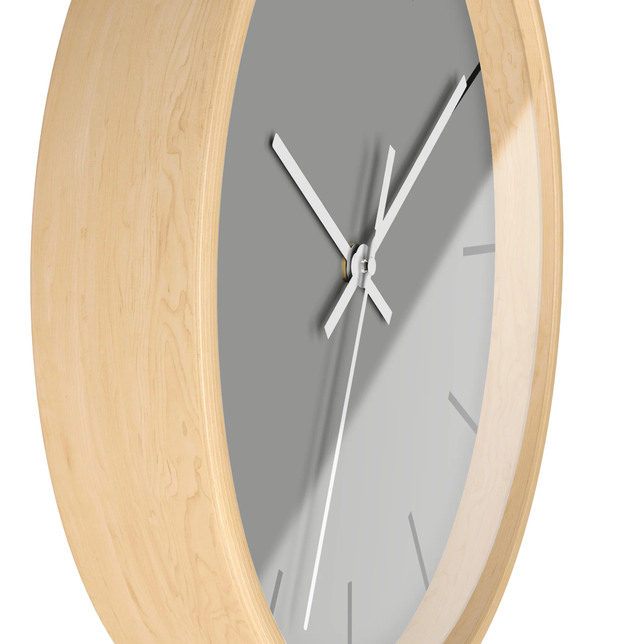 Stardust grey silent wall clock, wooden base, white hands, black markers, 10 inch, side view.