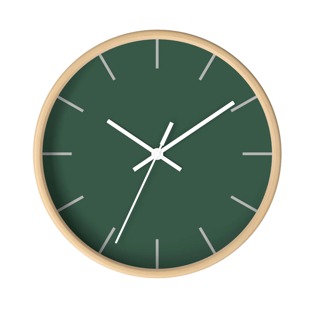 Stromboli green silent wall clock, wooden base, white hands, stardust grey markers, 10 inch, front view.