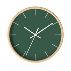 Stromboli green silent wall clock, wooden base, white hands, stardust grey markers, 10 inch, front view.