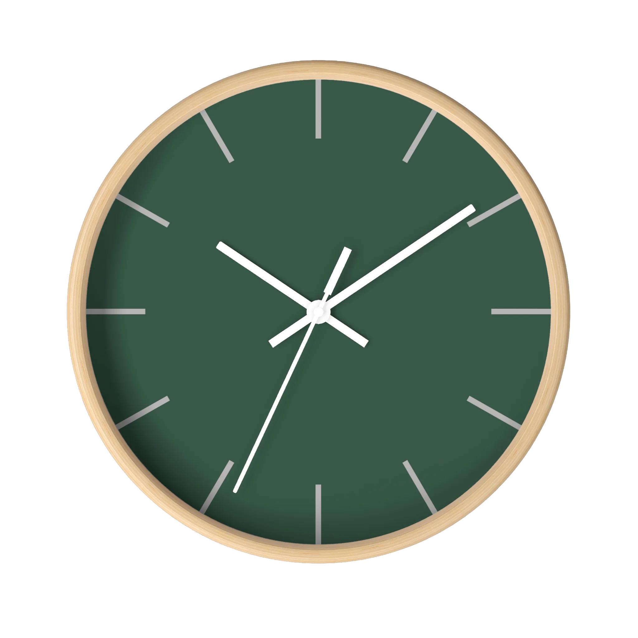 Stromboli green silent wall clock, wooden base, white hands, stardust grey markers, 10 inch, front view.