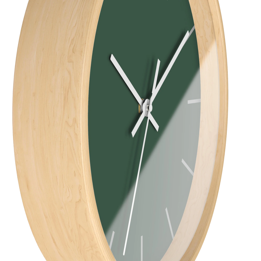 Stromboli green silent wall clock, wooden base, white hands, stardust grey markers, 10 inch, front view.