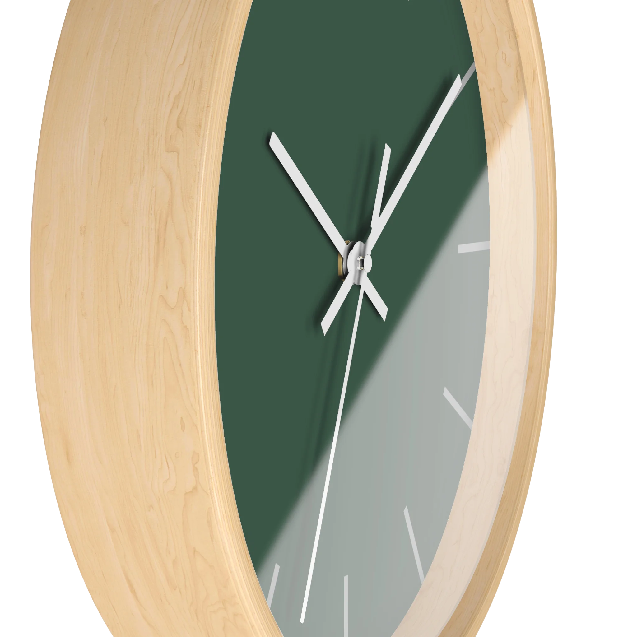 Stromboli green silent wall clock, wooden base, white hands, stardust grey markers, 10 inch, front view.