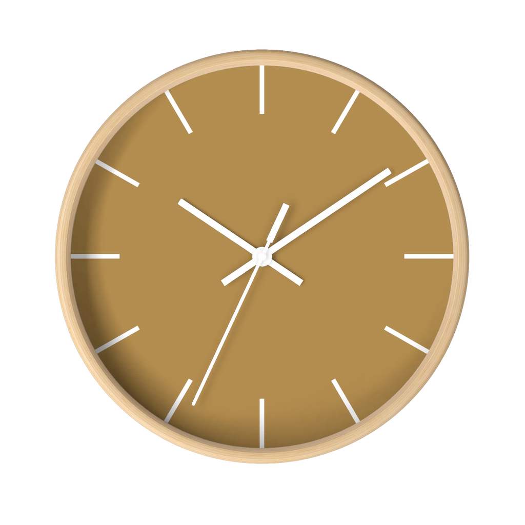 Tan driftwood brown silent wall clock, wooden base, white hands, white markers, 10 inch, front view.
