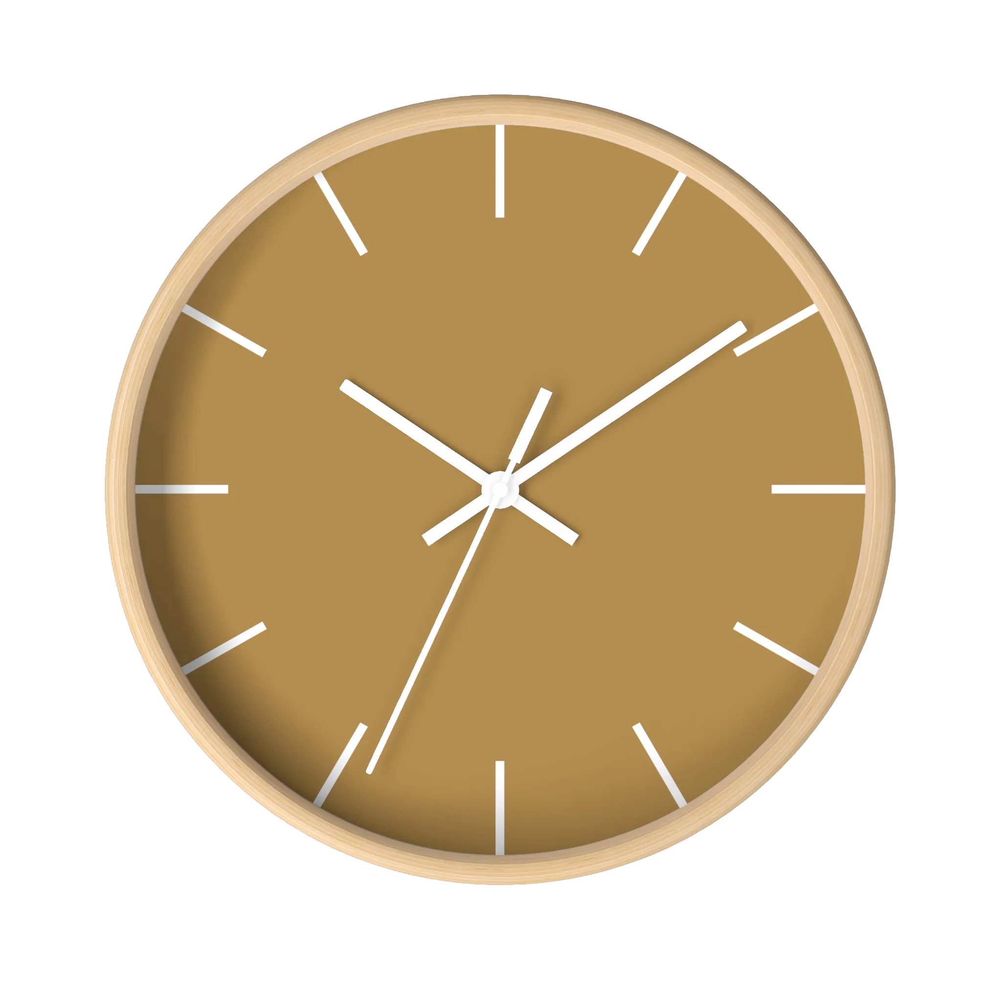Tan driftwood brown silent wall clock, wooden base, white hands, white markers, 10 inch, front view.