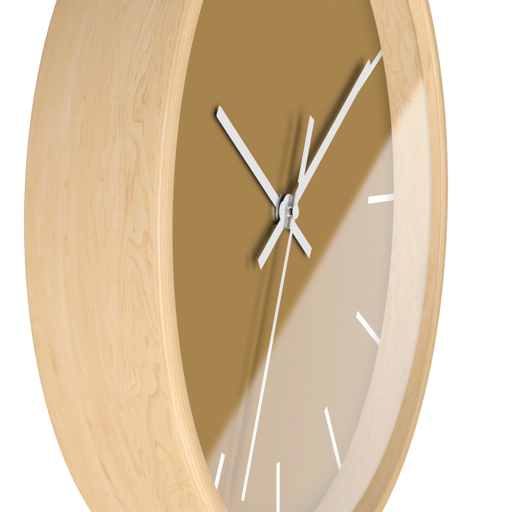 Tan driftwood brown silent wall clock, wooden base, black hands, white markers, 10 inch, side view.