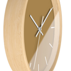 Tan driftwood brown silent wall clock, wooden base, black hands, white markers, 10 inch, side view.