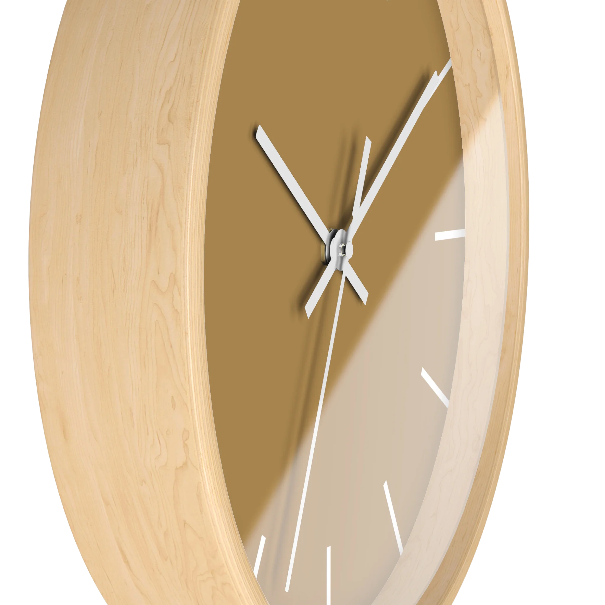 Tan driftwood brown silent wall clock, wooden base, black hands, white markers, 10 inch, side view.