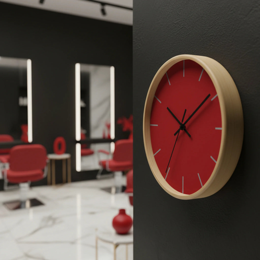 Traditional Red silent wall clock, wooden base, black hands, grey markers, styled on dark wall in modern salon interior, 10 inch.