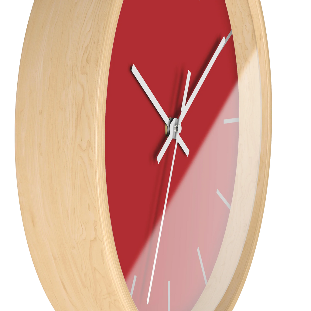 Traditional Red silent wall clock, wooden base, white hands, grey markers, 10 inch, side view.