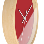 Traditional Red silent wall clock, wooden base, white hands, grey markers, 10 inch, side view.