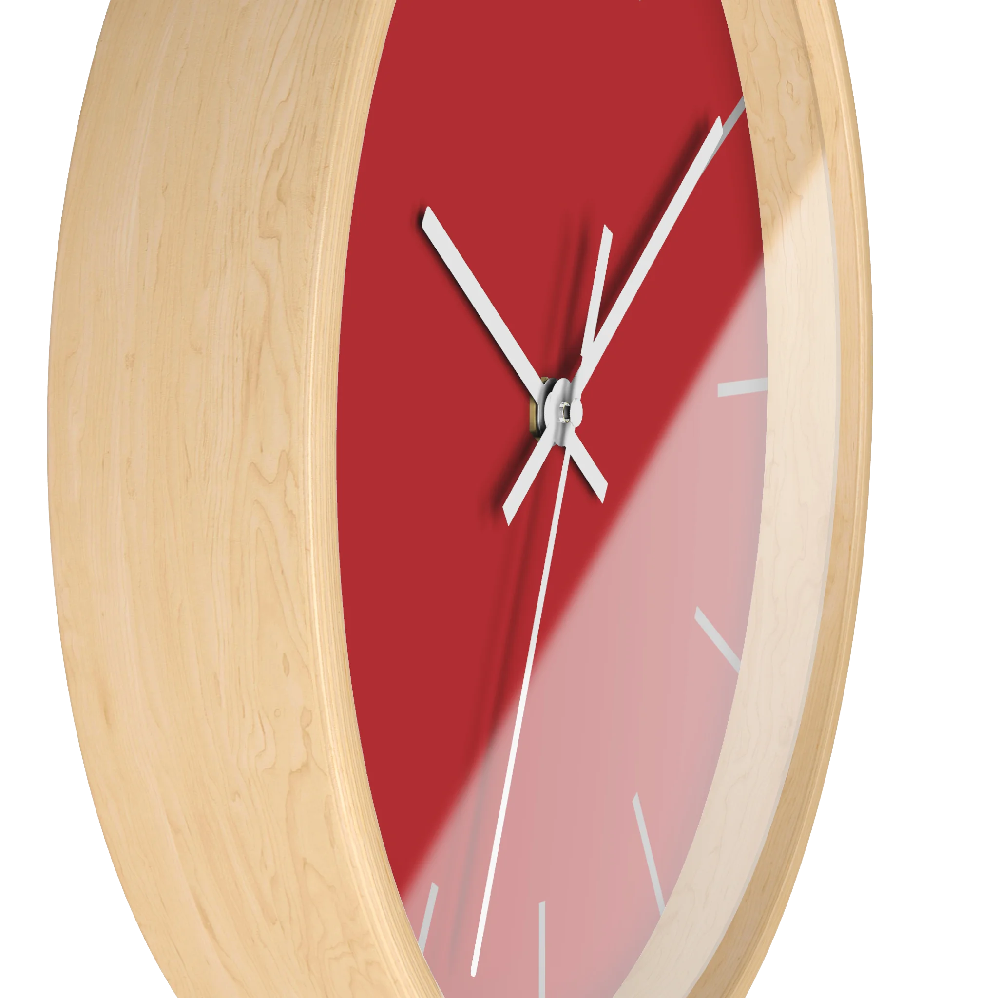 Traditional Red silent wall clock, wooden base, white hands, grey markers, 10 inch, side view.