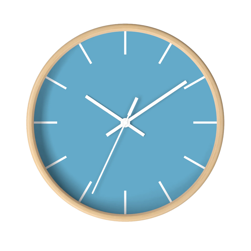 Vintage aqua silent wall clock, wooden base, white hands, white markers, 10 inch, front view.