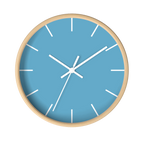 Vintage aqua silent wall clock, wooden base, white hands, white markers, 10 inch, front view.