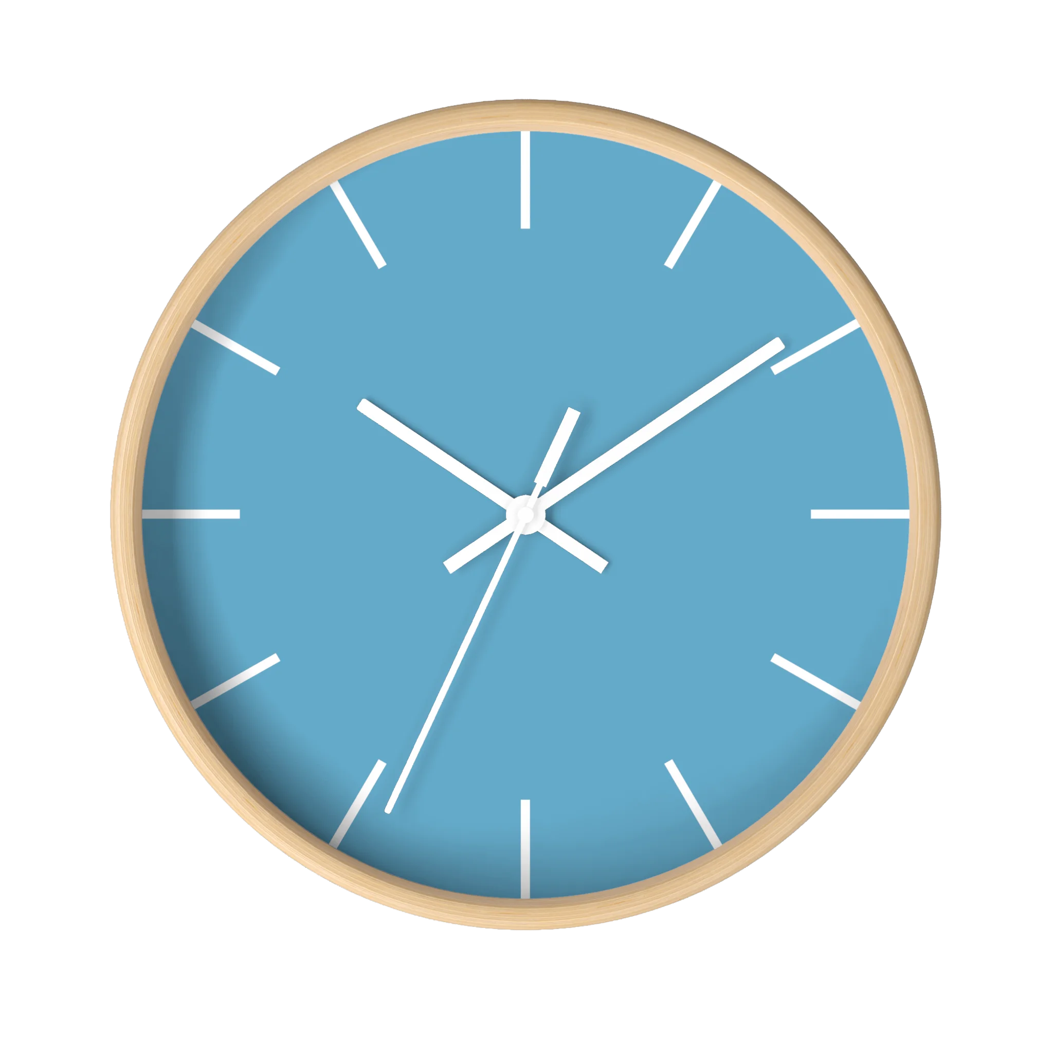 Vintage aqua silent wall clock, wooden base, white hands, white markers, 10 inch, front view.